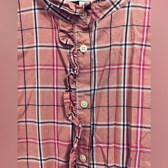 Loft Rose Pink Plaid Ruffle Neck Button Down Long Sleeve Shirt - Picture 14 of 15